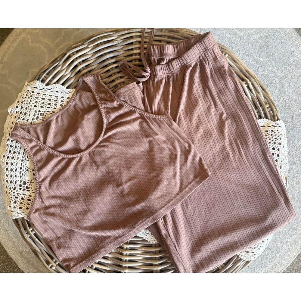 Women’s Large 3 Piece Ribbed Lounge Set Pants Crop Tank Long Duster Mauve